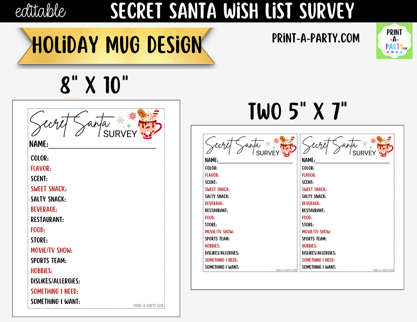 Secret Santa Wish List Printable | Holiday Gift Exchange Survey Cards