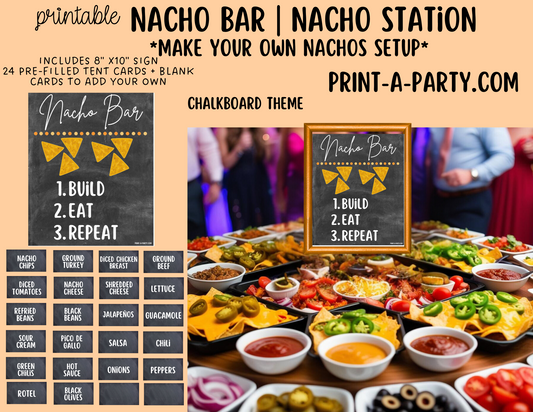 NACHO BAR Sign and Topping Cards Printable in Chalkboard - perfect for parties, showers, holidays, summer or Cinco de Mayo