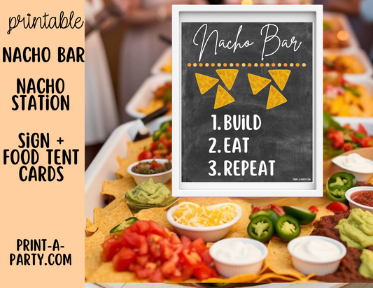NACHO BAR Sign and Topping Cards Printable in Chalkboard - perfect for parties, showers, holidays, summer or Cinco de Mayo