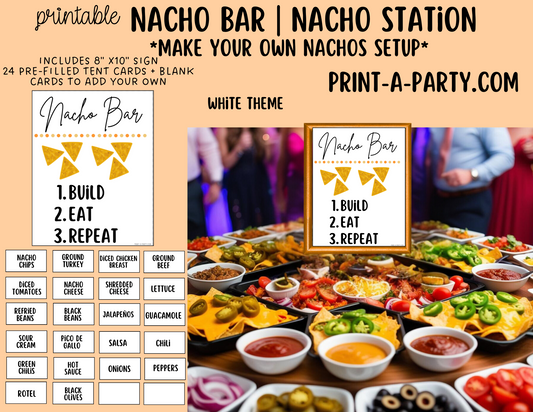 NACHO BAR Sign and Topping Cards Printable in White - perfect for parties, showers, holidays, summer or Cinco de Mayo