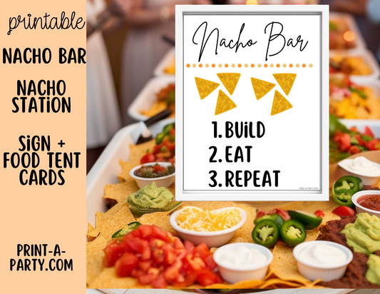 NACHO BAR Sign and Topping Cards Printable in White - perfect for parties, showers, holidays, summer or Cinco de Mayo