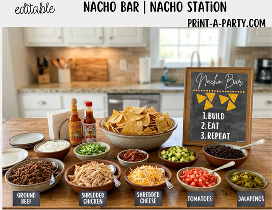 Editable Nacho Bar Sign (8x10) and Toppings Tent Cards Canva Template - Perfect for Parties, Showers and Events