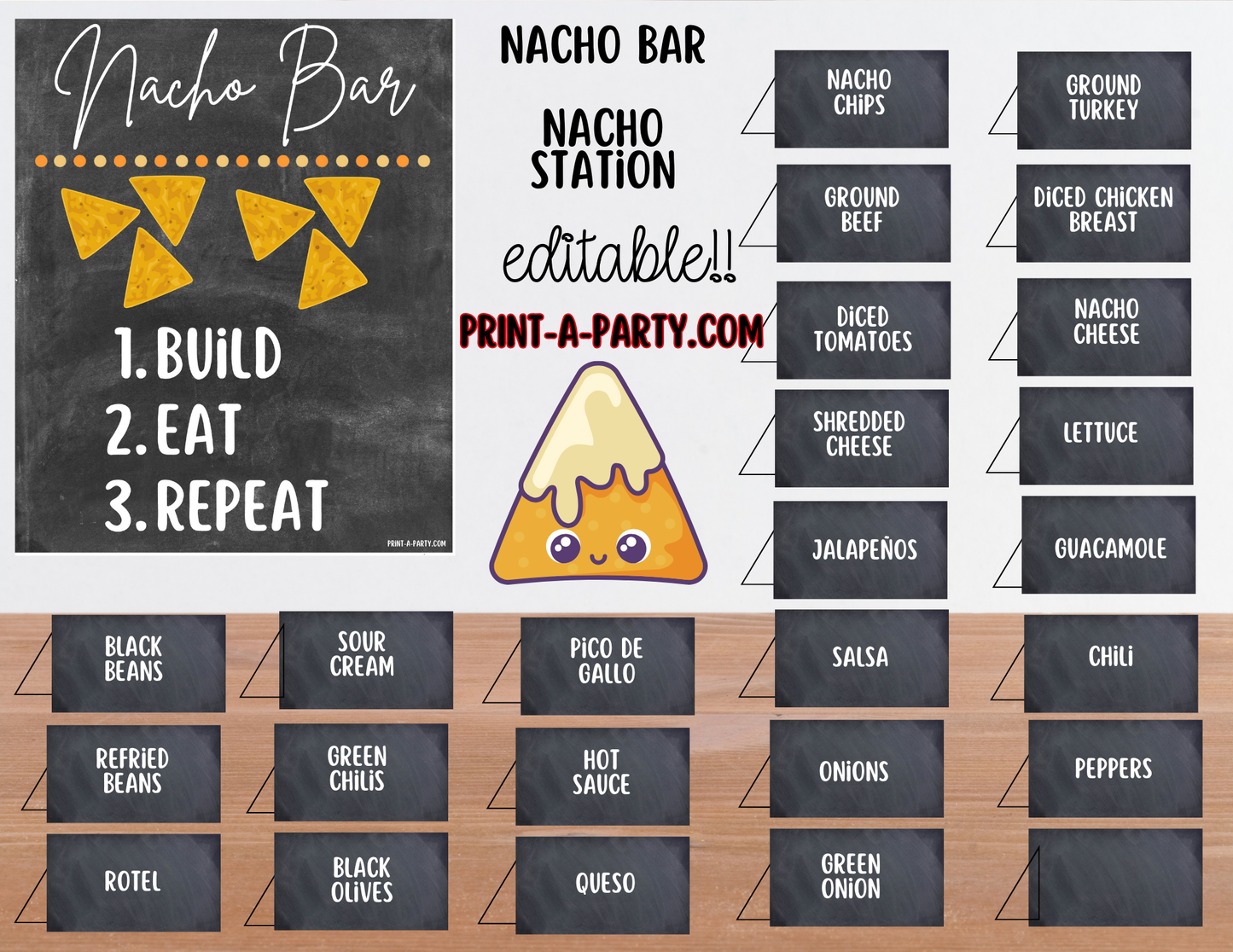 EDITABLE NACHO BAR | NACHO STATION Setup - CHALKBOARD | Make your own Nachos Sign | Nacho Buffet Station Setup for parties, events, office, holidays and more!