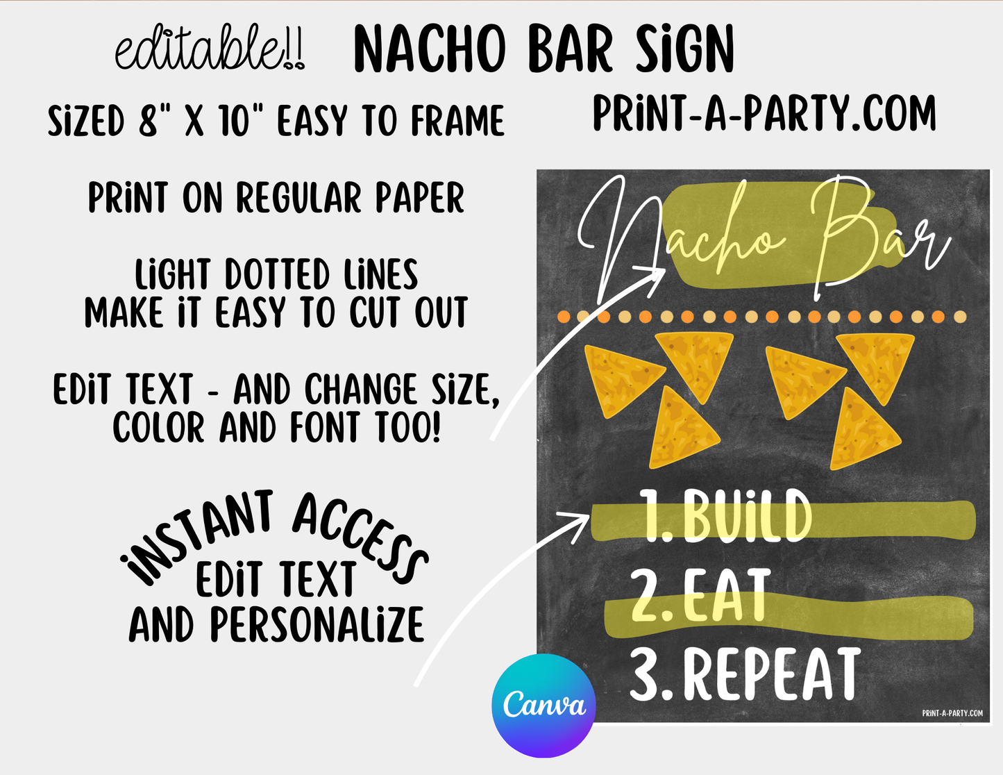 EDITABLE NACHO BAR | NACHO STATION Setup - CHALKBOARD | Make your own Nachos Sign | Nacho Buffet Station Setup for parties, events, office, holidays and more!