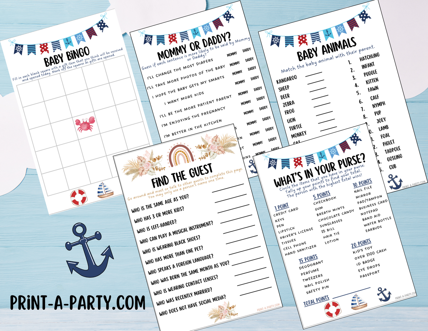 GAMES for Baby Shower | Nautical Baby Shower Theme | Nautical Baby Shower Games | Nautical Baby Shower Activities |Anchor | Ship| INSTANT DOWNLOAD