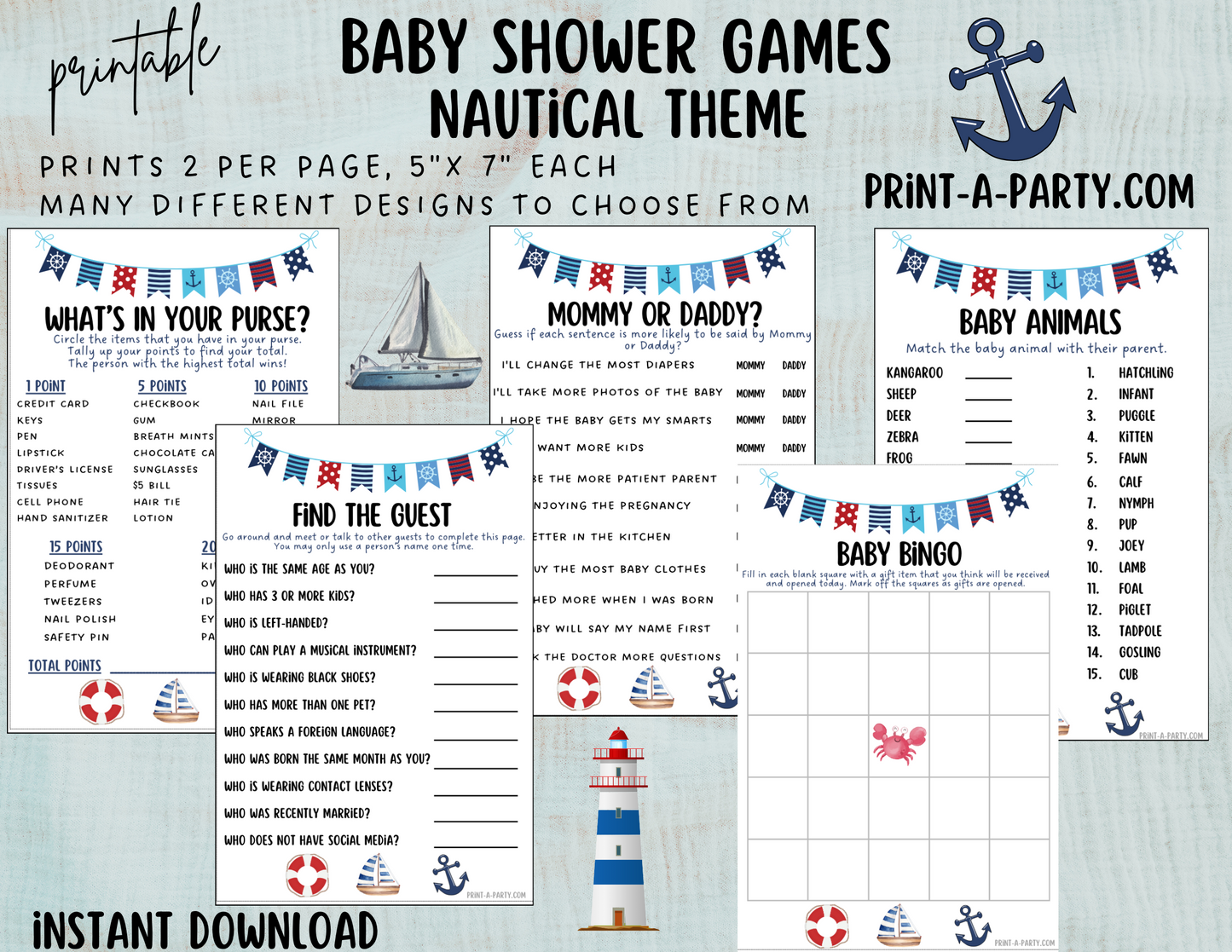 GAMES for Baby Shower | Nautical Baby Shower Theme | Nautical Baby Shower Games | Nautical Baby Shower Activities |Anchor | Ship| INSTANT DOWNLOAD