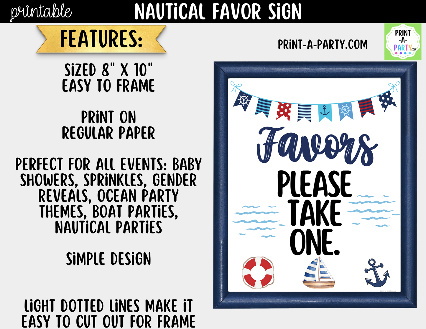 Nautical Sailor Ocean Favors Sign (8x10) – Printable Instant Download