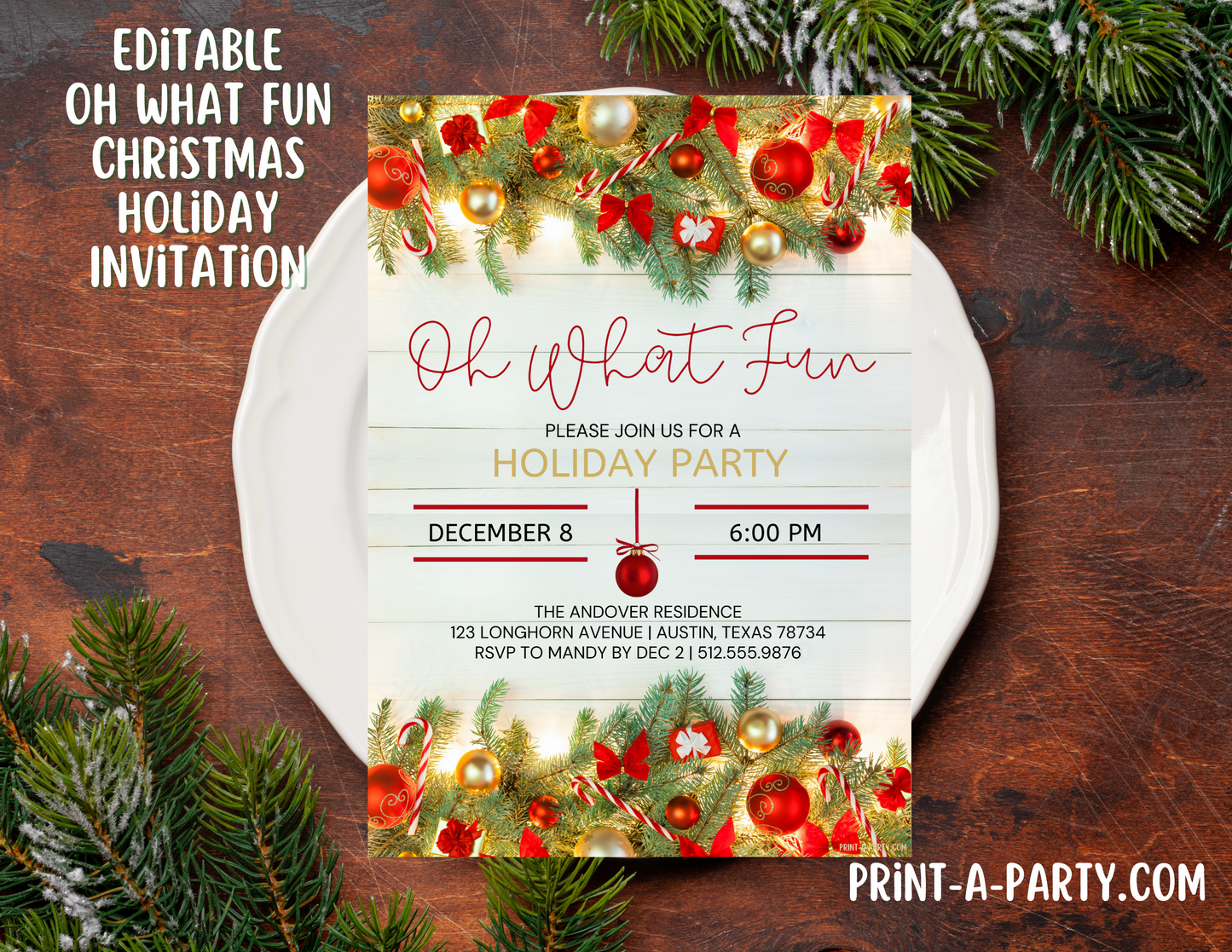 OH WHAT FUN Editable Christmas Party Invitation Template for Easy Sharing Posting or Printing