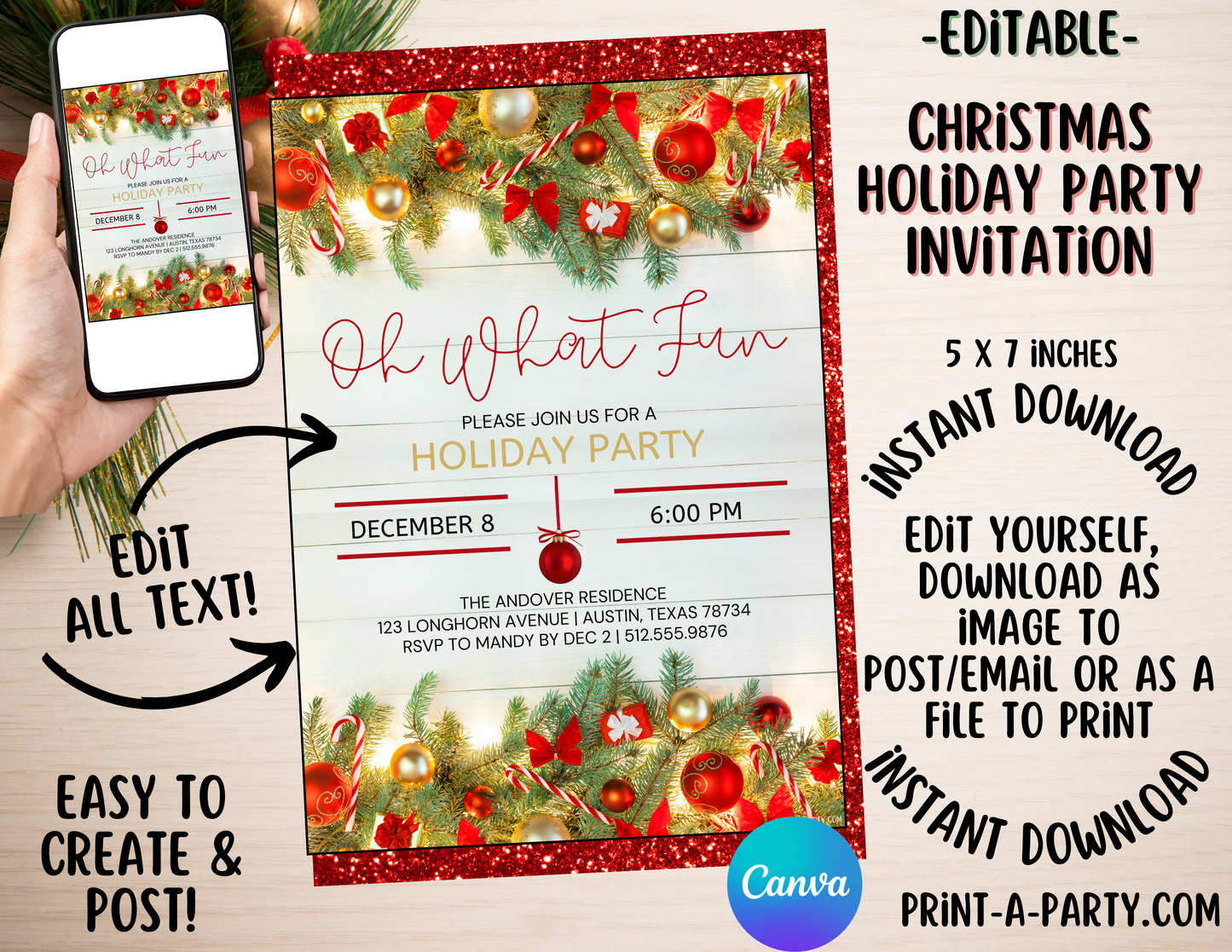CHRISTMAS EDITABLE INVITATION: OH WHAT FUN CHRISTMAS HOLIDAY PARTY INVITATION | Christmas Party Invite | Christmas Party Customization