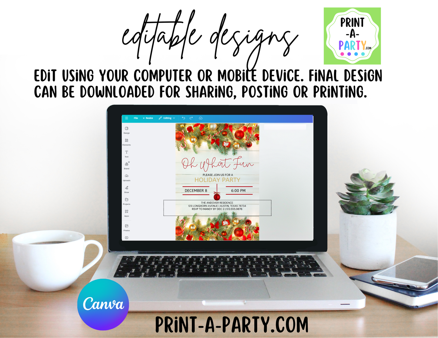 OH WHAT FUN Editable Christmas Party Invitation Template for Easy Sharing Posting or Printing