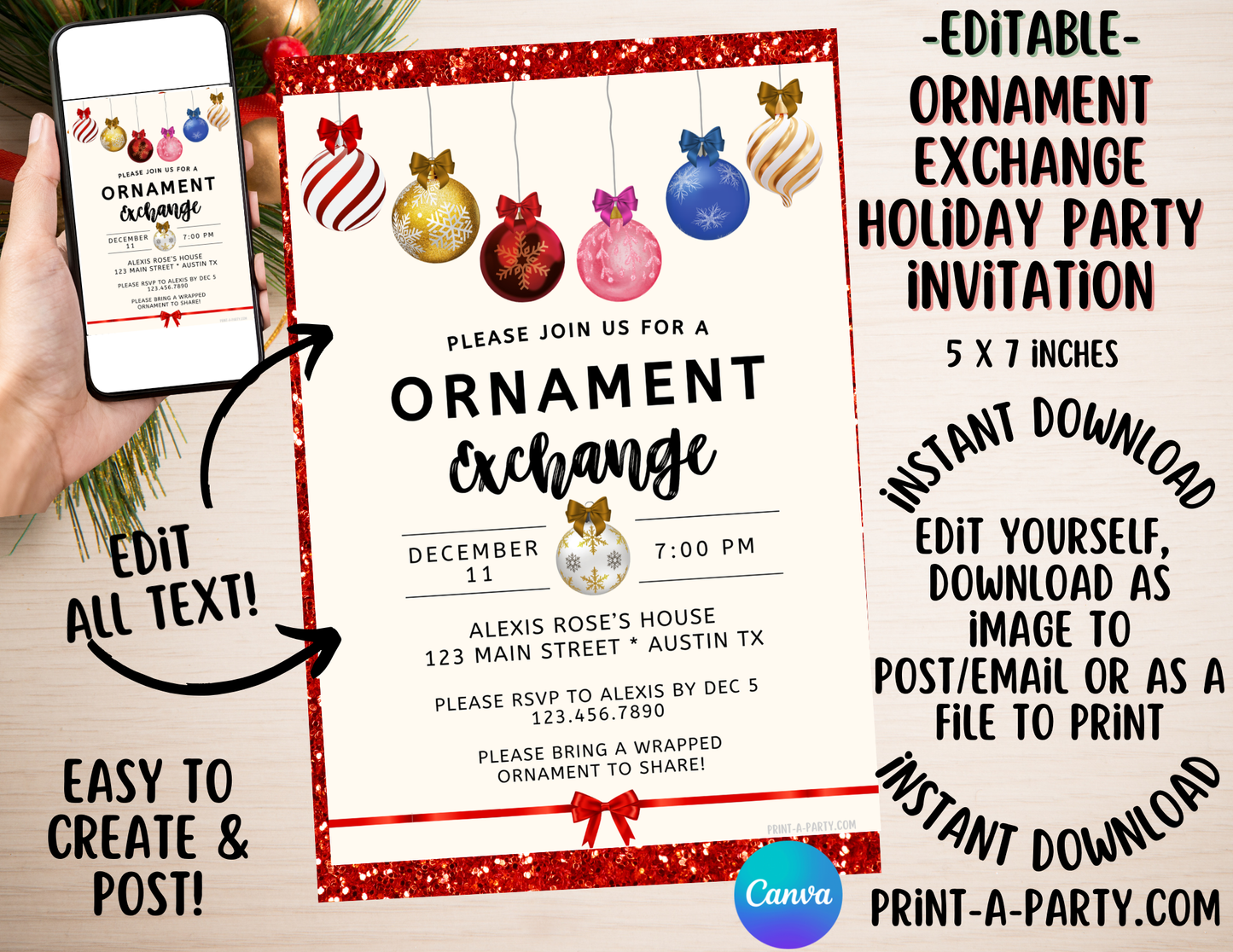 ORNAMENT EXCHANGE PARTY Invite - Editable Ornament Exchange Party Invitation Template – Christmas Holiday Invite
