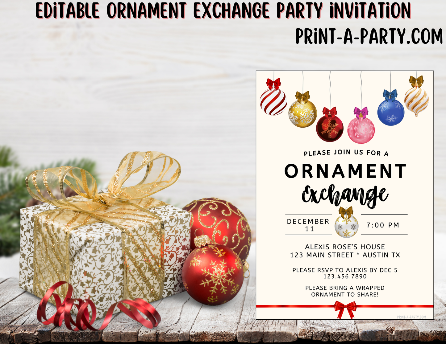 ORNAMENT EXCHANGE PARTY Invite - Editable Ornament Exchange Party Invitation Template – Christmas Holiday Invite