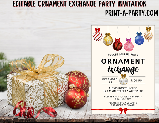 ORNAMENT EXCHANGE PARTY Invite - Editable Ornament Exchange Party Invitation Template – Christmas Holiday Invite
