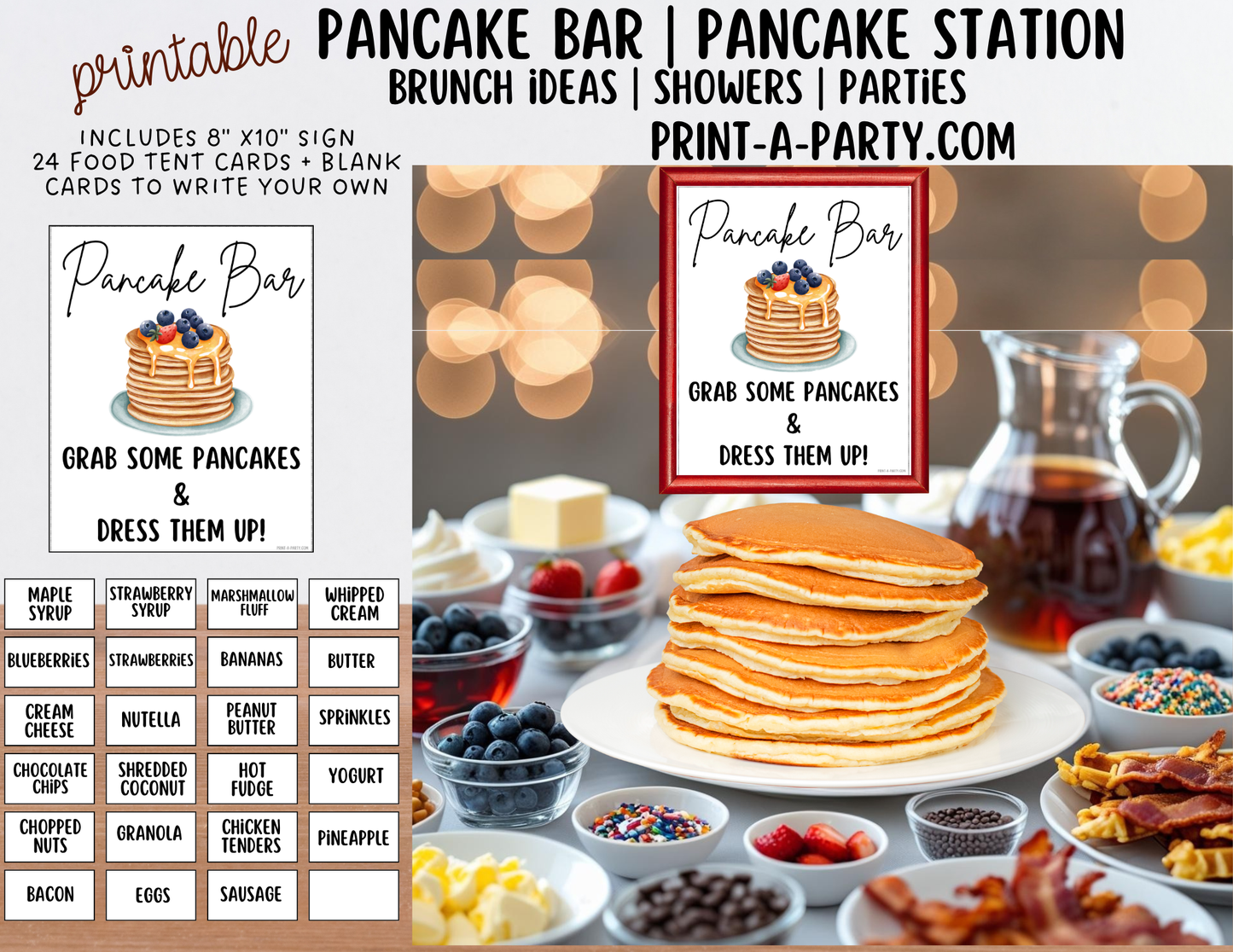 PANCAKE BAR - Printable White Pancake Bar Sign & Topping Labels – Perfect for Brunches, Showers, Birthdays Slumber Parties & More