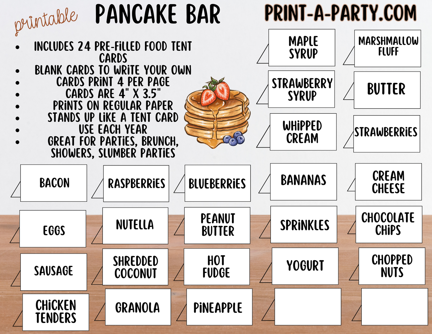 PANCAKE BAR - Printable White Pancake Bar Sign & Topping Labels – Perfect for Brunches, Showers, Birthdays Slumber Parties & More