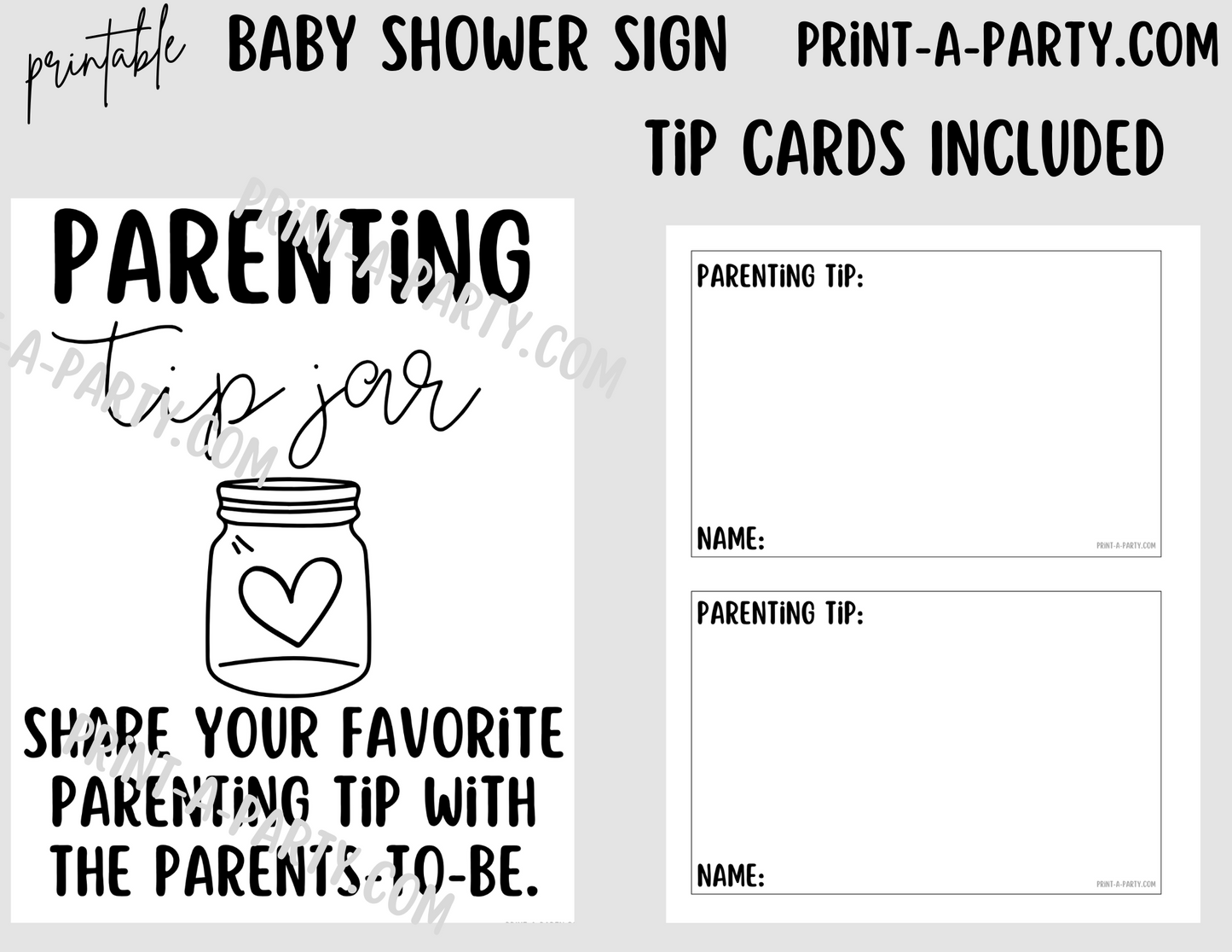 PARENTING TIP JAR Sign Printable - Fun Baby Shower Activity for Gender Reveals, Sprinkles and Adoption Celebrations