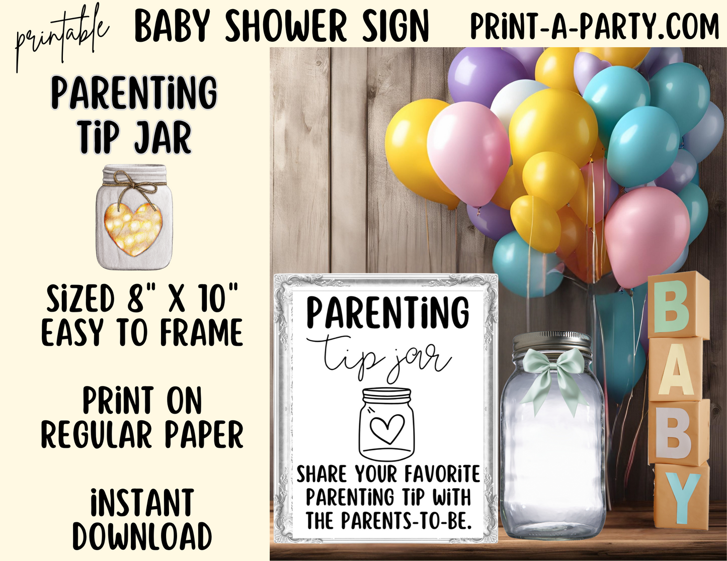 PARENTING TIP JAR Sign Printable - Fun Baby Shower Activity for Gender Reveals, Sprinkles and Adoption Celebrations