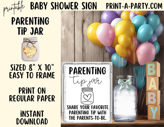 PARENTING TIP JAR Sign Printable - Fun Baby Shower Activity for Gender Reveals, Sprinkles and Adoption Celebrations