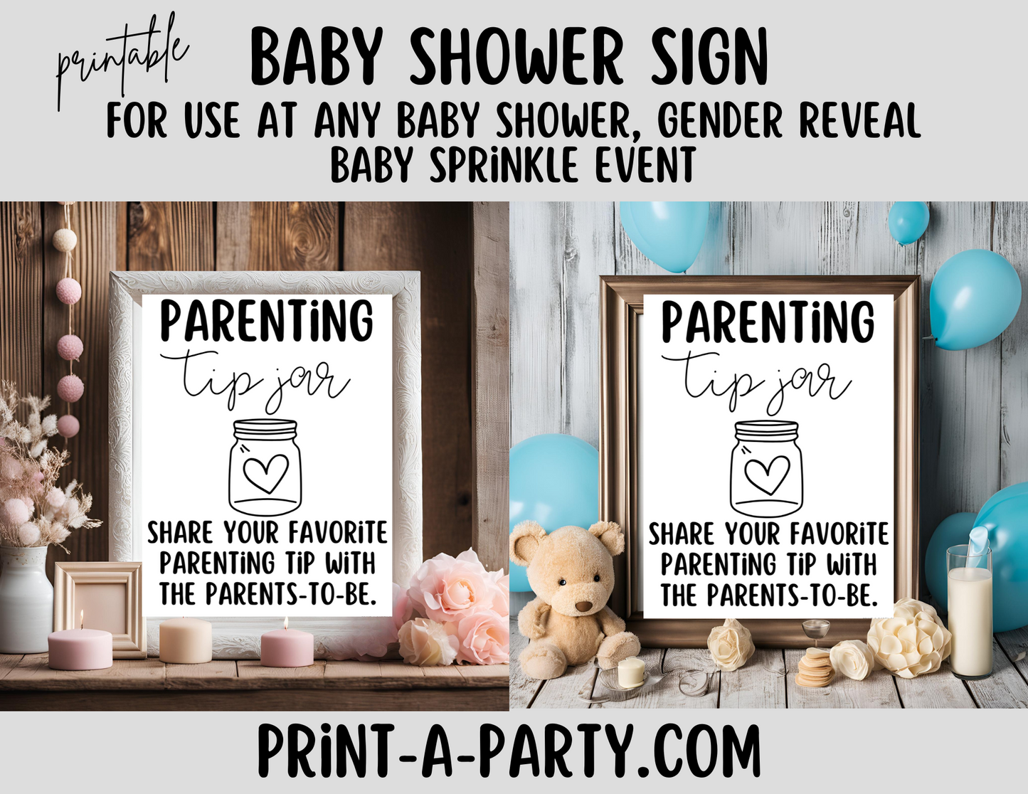 PARENTING TIP JAR Sign Printable - Fun Baby Shower Activity for Gender Reveals, Sprinkles and Adoption Celebrations