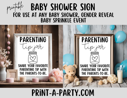 PARENTING TIP JAR Sign Printable - Fun Baby Shower Activity for Gender Reveals, Sprinkles and Adoption Celebrations