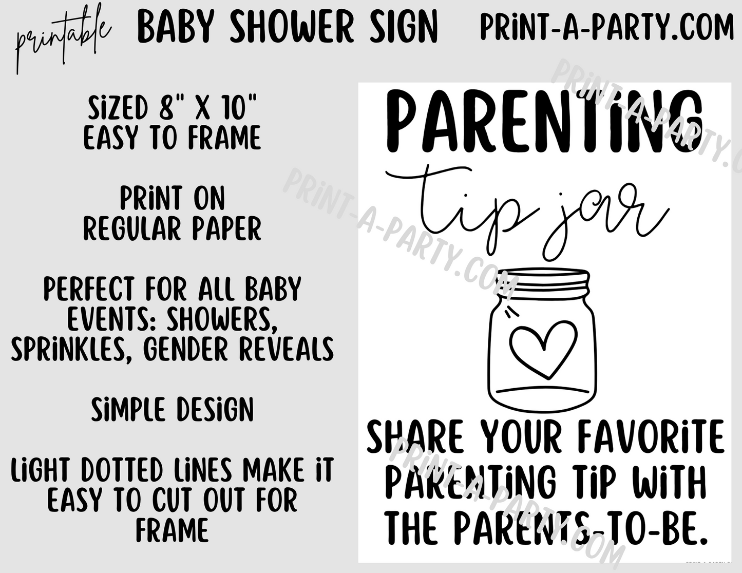 PARENTING TIP JAR Sign Printable - Fun Baby Shower Activity for Gender Reveals, Sprinkles and Adoption Celebrations
