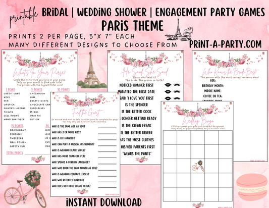 Bridal Shower: Printable PARIS themed Bridal Shower Game Bundle - Instant PDF Download