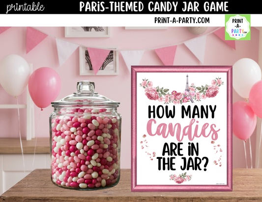 Paris Theme Candy Jar Game Printable Sign (8x10) & Guessing Cards for Parties and Showers