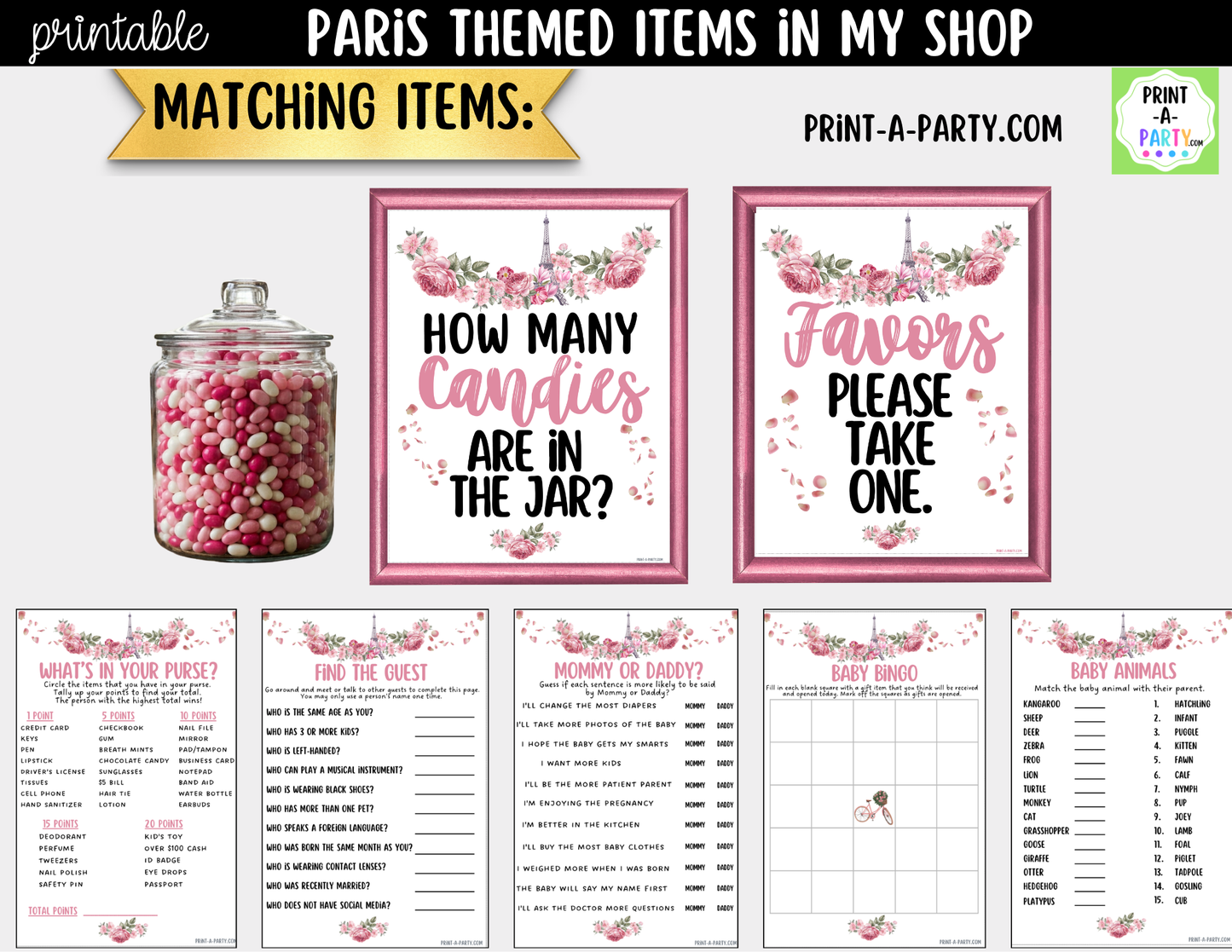 Paris-themed Favors Printable Sign (8x10) – For Parties, Showers and Events