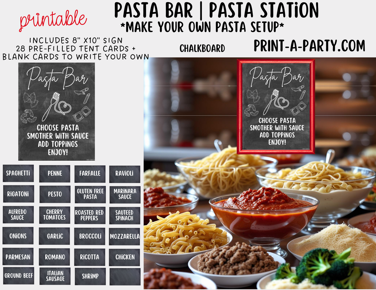 PASTA BAR Sign and Food Tent Cards - Chalkboard - perfect for parties, showers, office gatherings and holiday buffets!