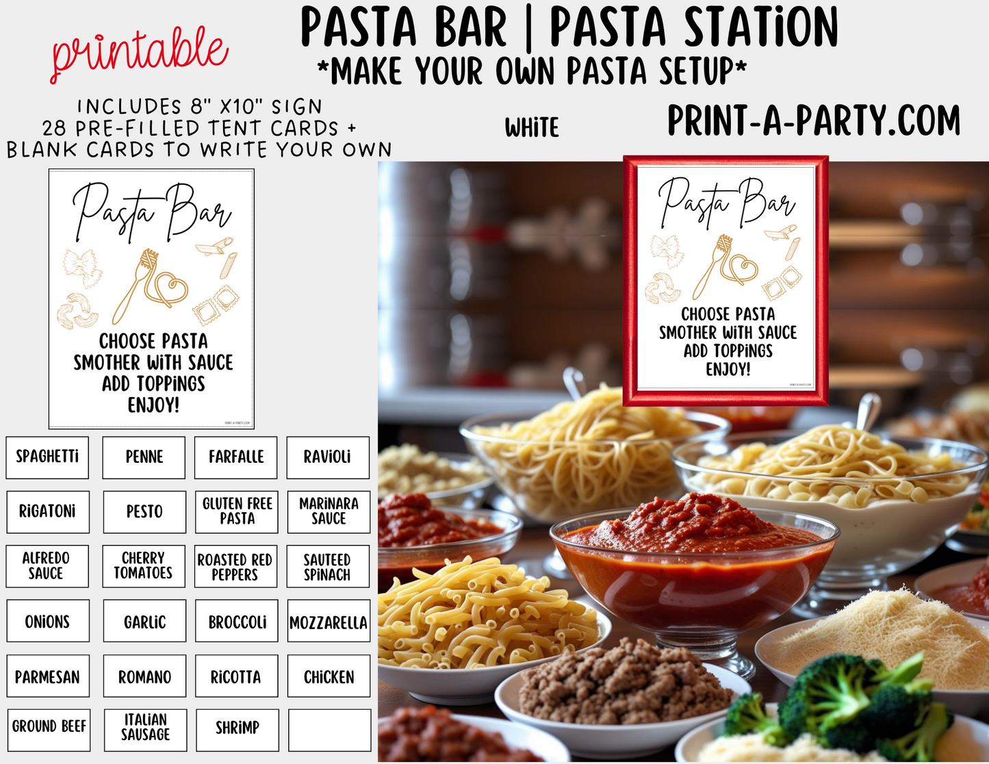 PASTA BAR Sign and Food Tent Cards - White - perfect for parties, showers, office gatherings and holiday buffets!