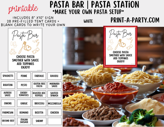 PASTA BAR Sign and Food Tent Cards - White - perfect for parties, showers, office gatherings and holiday buffets!
