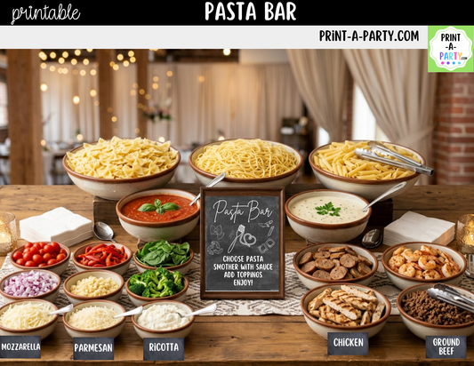 Pasta Bar Printable Sign (8x10) and Topping Tent Cards - Party Event Buffet Decor