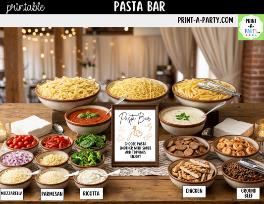 Pasta Bar Printable Sign (8x10) and Topping Tent Cards - Party Event Buffet Decor
