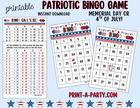 BINGO: Patriotic Printable Bingo | Memorial Day | 4th Of July | Red White Blue BIngo | 30, 40, or 50 cards