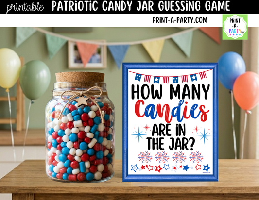 Patriotic (red, white and blue) Candy Jar Guessing Printable Sign (8x10) and guessing cards for 4th of July, Memorial Day or Labor Day