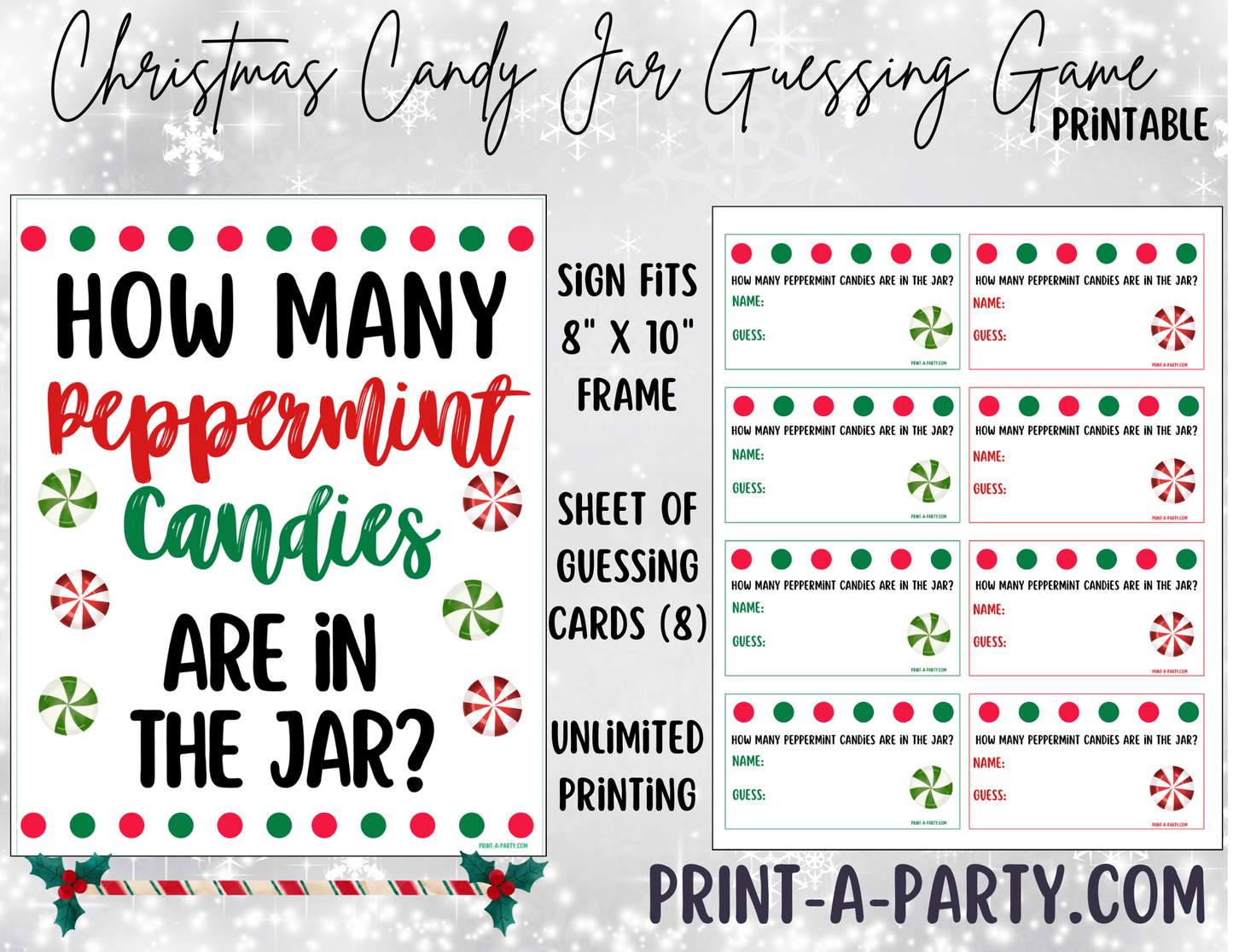 Candy Jar Guessing Game - CHRISTMAS PEPPERMINT CANDY - Printable Holiday Party Game for Kids, Classrooms, Parties and Office Fun!