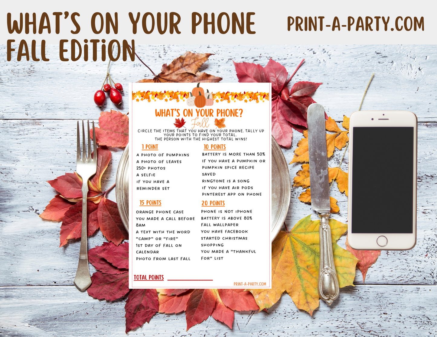 What's On Your Phone – Fall Edition Printable Game – Fun Autumn Party Activity for Classrooms, Gatherings and more