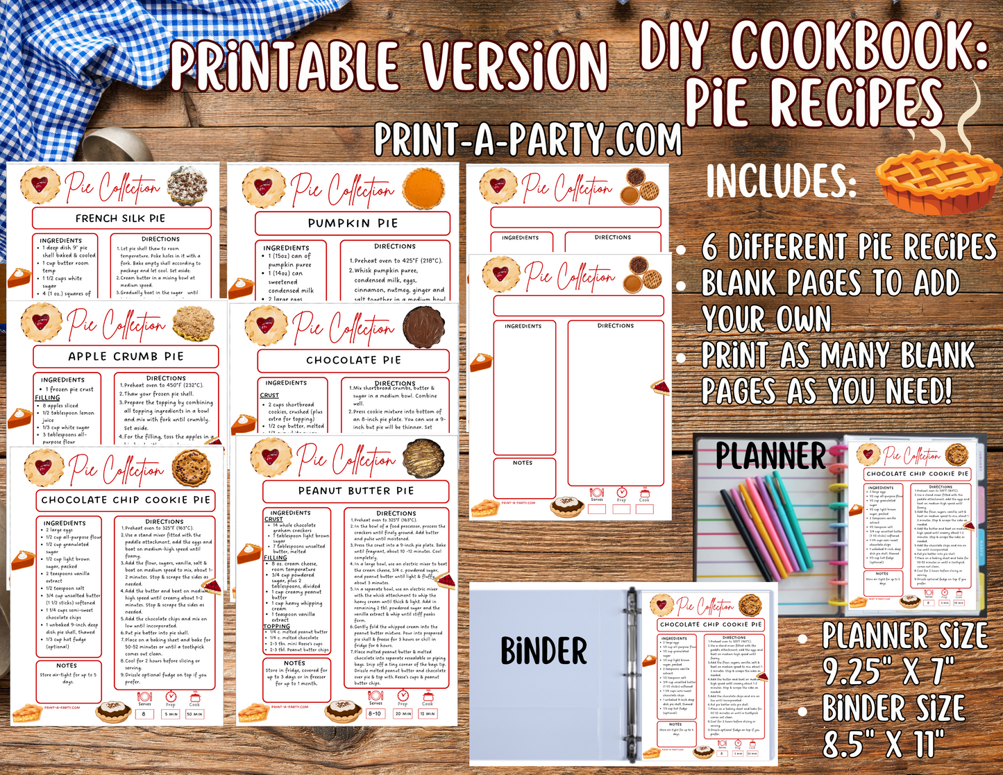 DIY Cookbook Pie Recipe Collection – Printable or Editable Recipe Pages (Planner & Binder Sizes)
