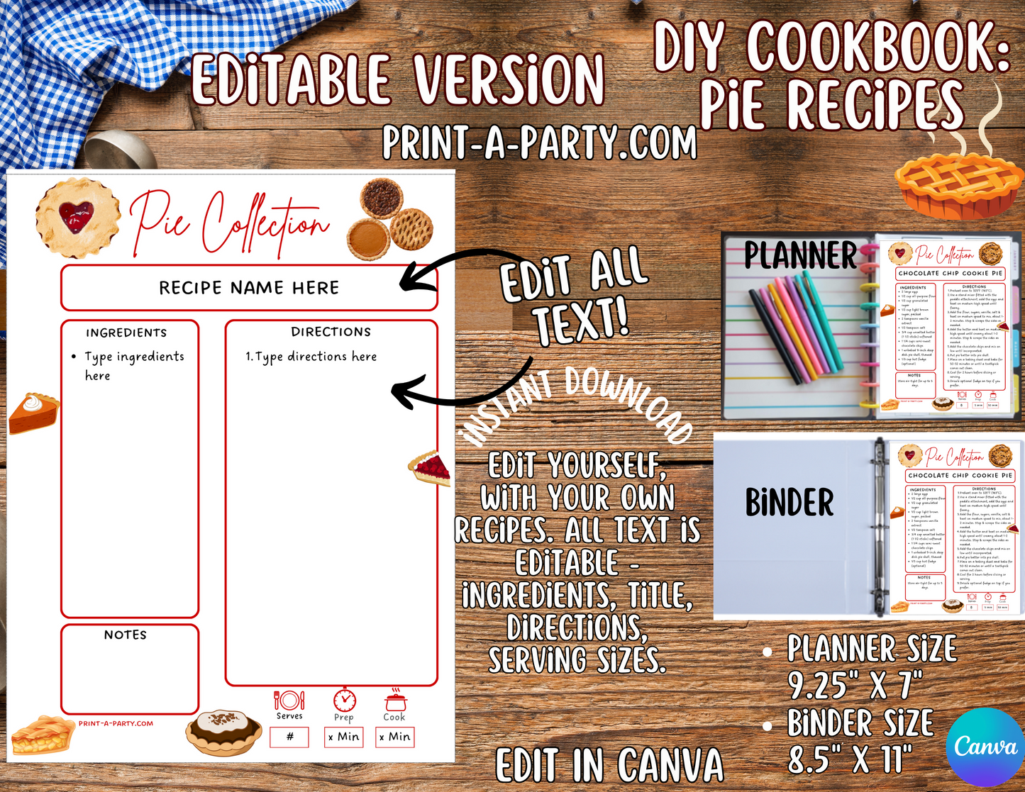 DIY Cookbook Pie Recipe Collection – Printable or Editable Recipe Pages (Planner & Binder Sizes)