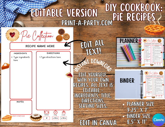 DIY Cookbook Pie Recipe Collection – Printable or Editable Recipe Pages (Planner & Binder Sizes)
