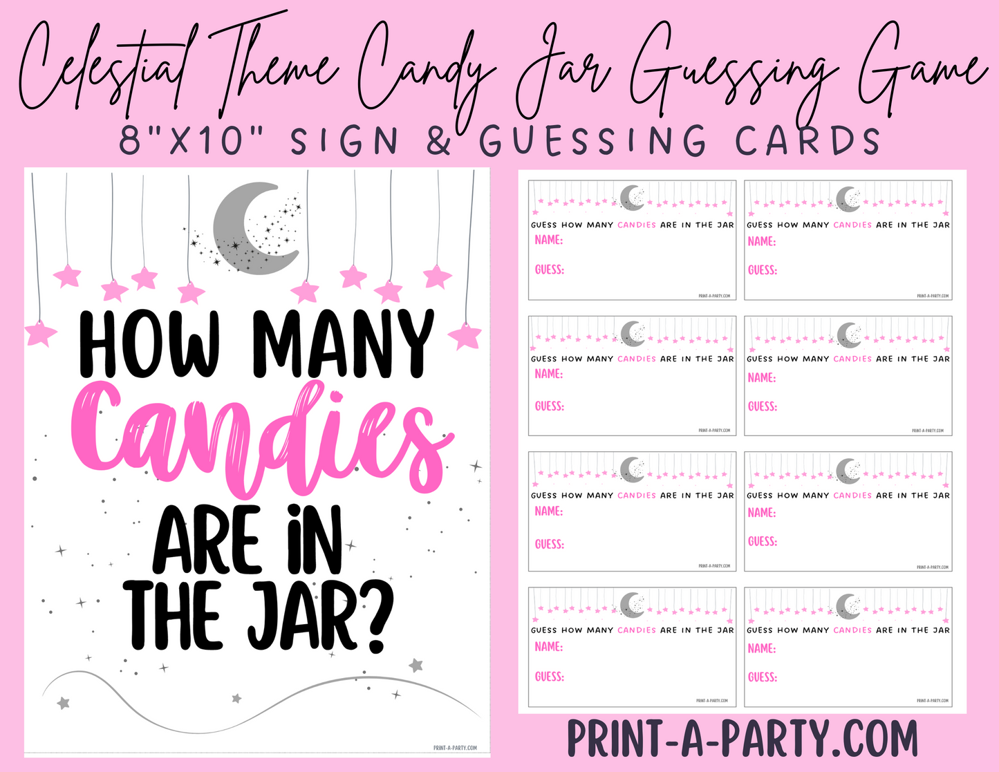 CANDY JAR GUESSING GAME - Celestial Baby Shower Candy Guessing Game – Pink Moon & Stars Printable