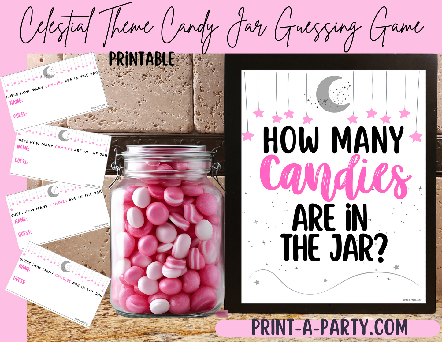 CANDY JAR GUESSING GAME - Celestial Baby Shower Candy Guessing Game – Pink Moon & Stars Printable