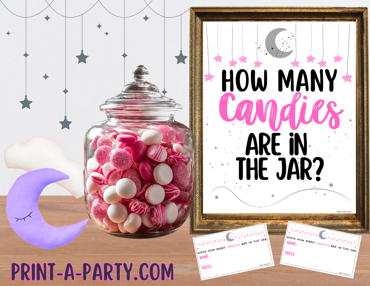 CANDY JAR GUESSING GAME - Celestial Baby Shower Candy Guessing Game – Pink Moon & Stars Printable