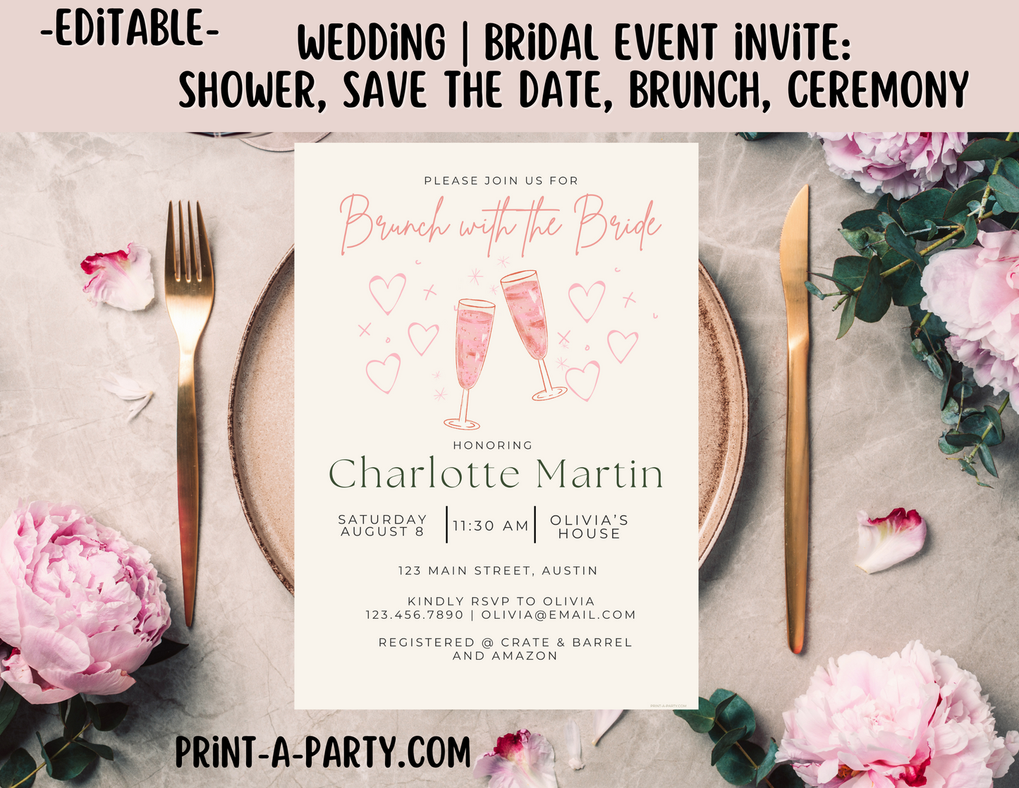 EDITABLE WEDDING EVENT INVITATION: Bridal Shower, Brunch, Save The Date, Editable Invite for posting or printing | Pink Champagne
