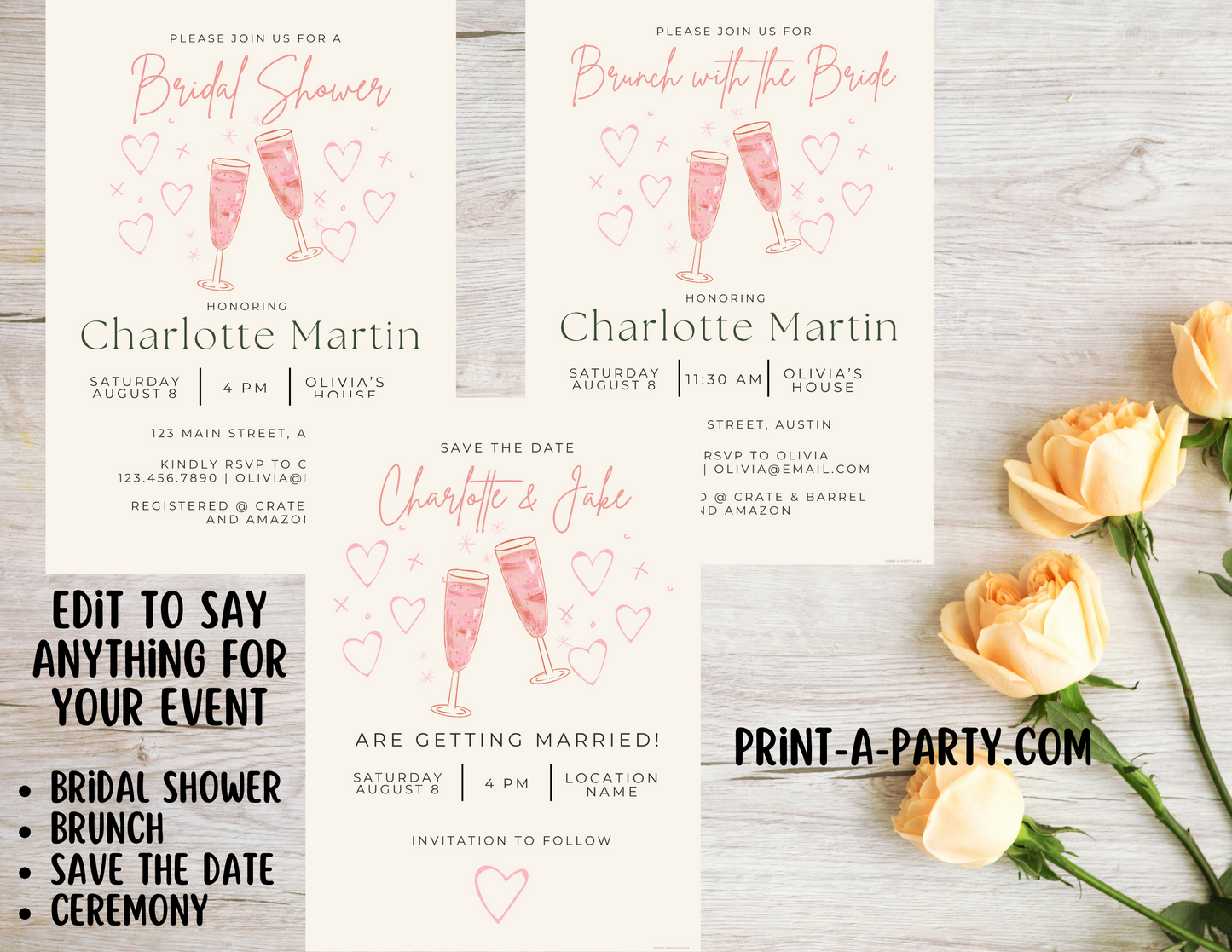 EDITABLE WEDDING EVENT INVITATION: Bridal Shower, Brunch, Save The Date, Editable Invite for posting or printing | Pink Champagne