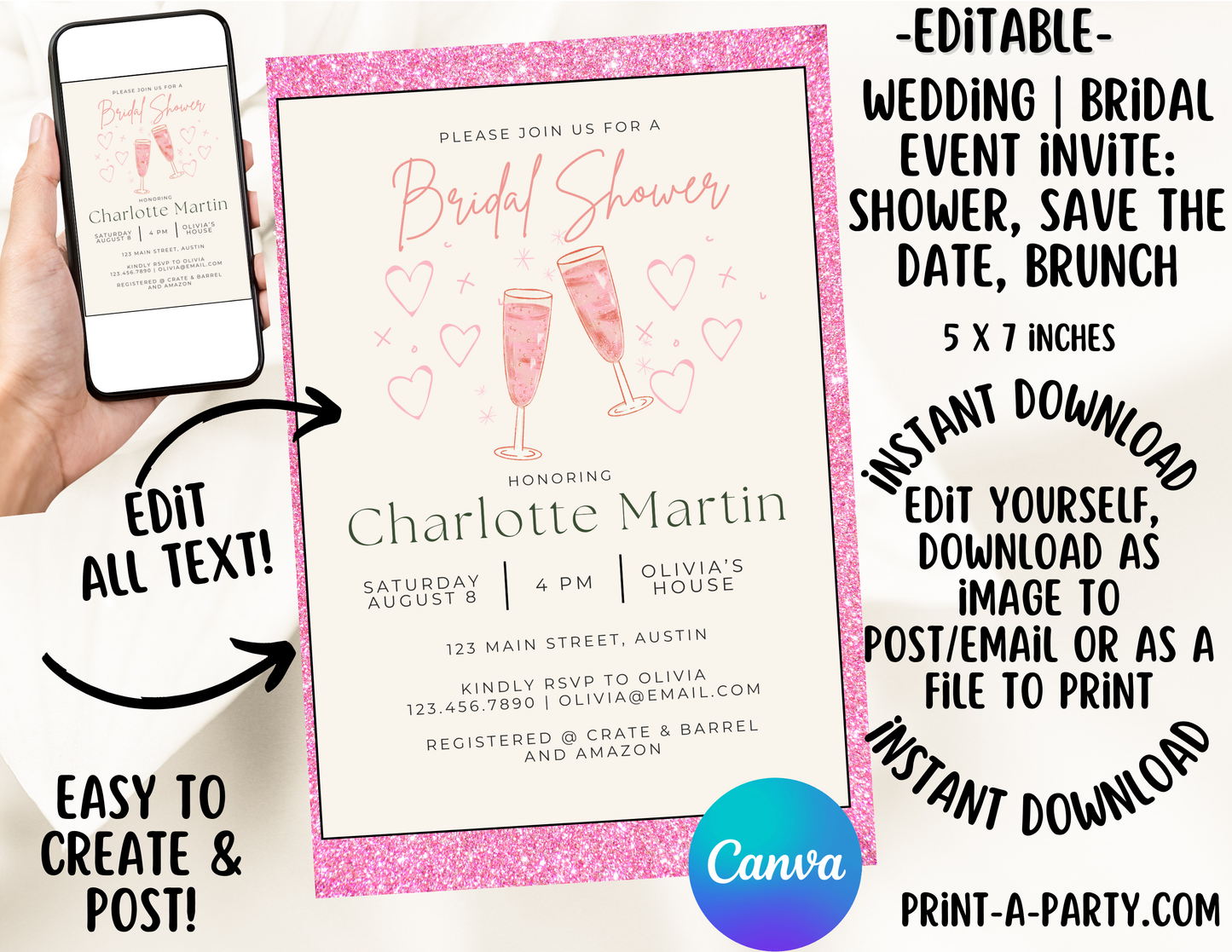 Editable Wedding Invitation Template - PINK CHAMPAGNE - Canva printable for Bridal Showers, Save-the-Dates, Engagement parties and more