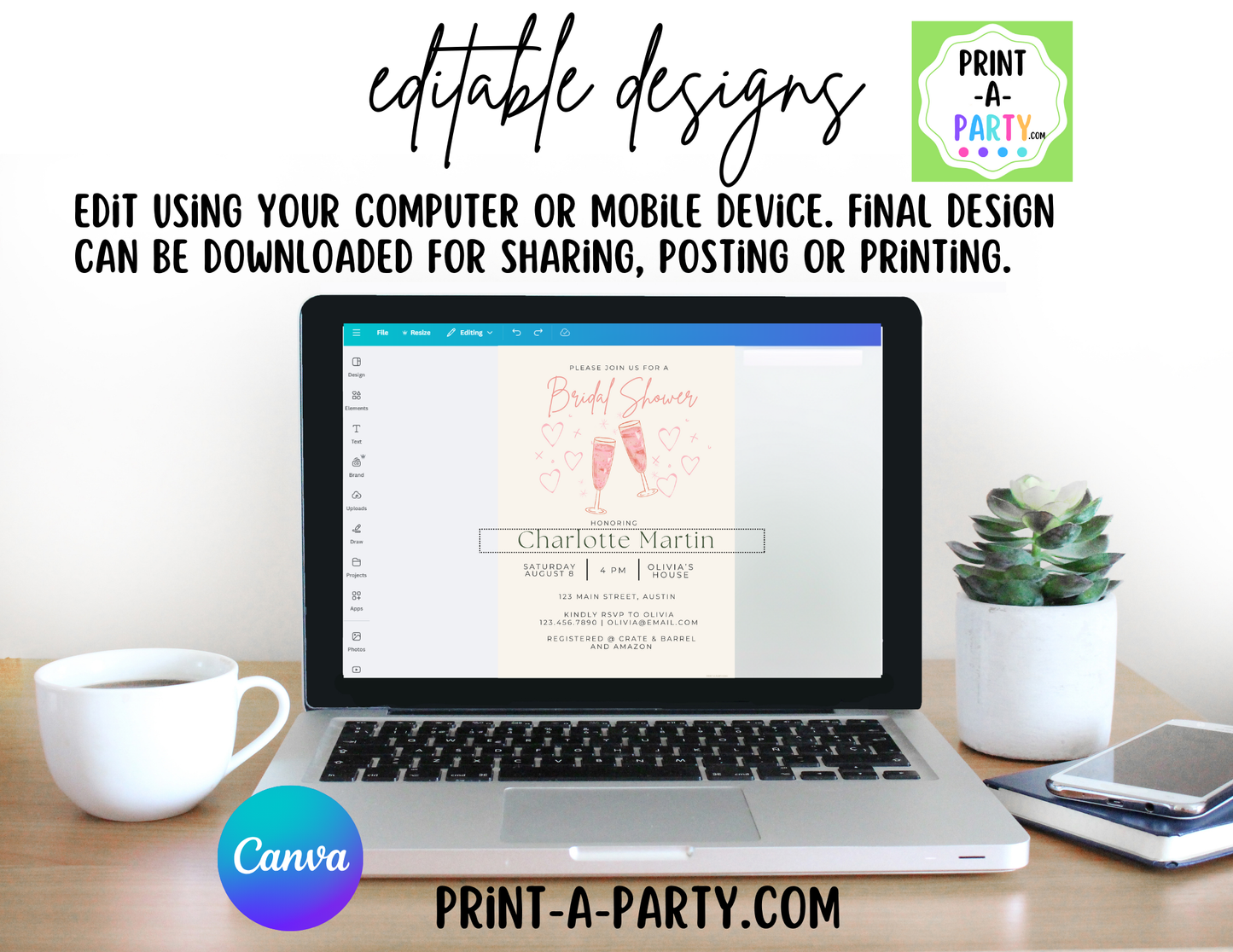 Editable Wedding Invitation Template - PINK CHAMPAGNE - Canva printable for Bridal Showers, Save-the-Dates, Engagement parties and more