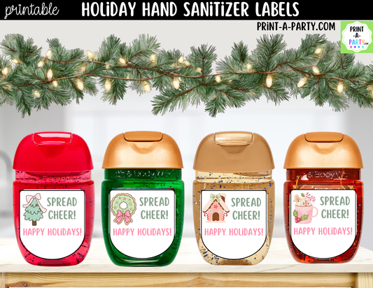 Pink Christmas Hand Sanitizer Labels Printable - Feminine Holiday Labels for 1 oz PocketBac Bottles