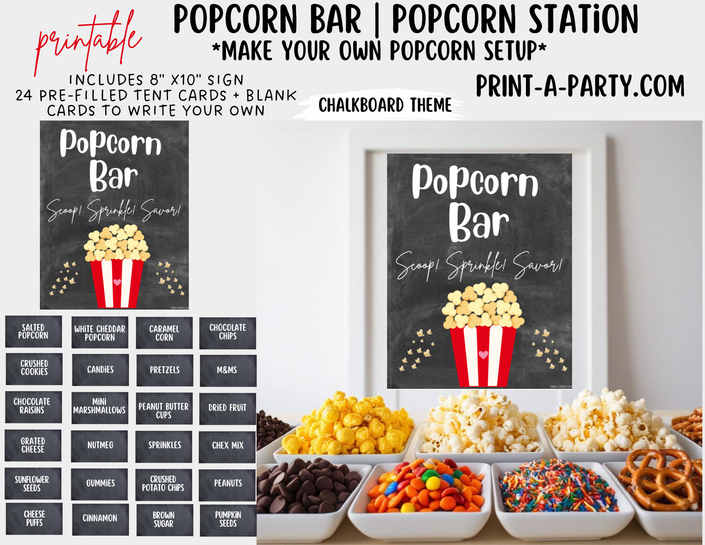 POPCORN BAR Sign & Toppings Labels Printable - Chalkboard - Perfect for Movie Night, Sleepover, Shower, Circus Party Decor and more!