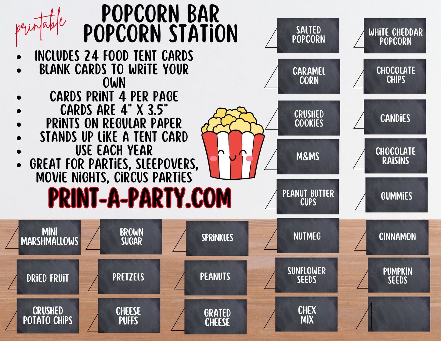 POPCORN BAR Sign & Toppings Labels Printable - Chalkboard - Perfect for Movie Night, Sleepover, Shower, Circus Party Decor and more!